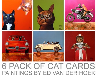 CAT CARDS 6 PACK - On the base of the funny paintings by Ed van der Hoek - S A L E - and F R E E Shipping all over the world included