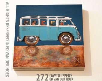 272 Daytrippers - our pets in a hippy bus print ON wood plywood ED20 (14x14 cm/5.5x5.5 inch on 18 mm/0.7 inch poplar)