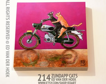 214 ZUNDAPP CATS two cats on a moped print ON wood plywood ED15 (14x14 cm/5.5x5.5 inch on 18 mm/0.7 inch poplar)