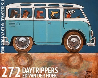 272 DAYTRIPPERS - Dogs and other animals in bus - folded art card 15x15cm/6x6inch with envelope