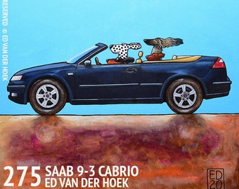 275 SAAB 9.3 CABRIO - Dogs DRIVING car Ed20  - folded art card 15x15cm/6x6inch with envelope