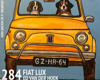 284 FIAT LUX, ED20 Two dogs driving a small car - folded art card 15x15cm/6x6inch with envelope