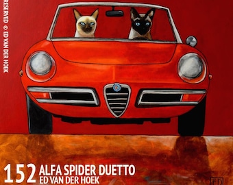 152 Alfa Giulia Spider Duetto and Siamese cats - folded art card 15x15cm/6x6inch with envelope