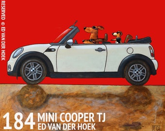 184 Mini Cooper cabrio and Bibi - folded art card 15x15cm/6x6inch with envelope
