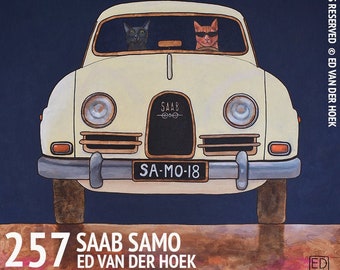 257 - SAAB SAMO  - Cats at the wheel - folded art card 15x15cm/6x6inch with envelope and protected by a recyclable plastic sleeve