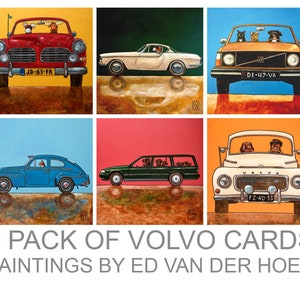 6 PACK of funny colourful cards of cats and dogs driving Classic Volvo Cars. Paintings by Ed van der Hoek. Envelopes included. Double folded