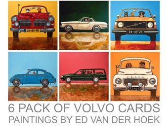 6 PACK of funny colourful cards of cats and dogs driving Classic Volvo Cars. Paintings by Ed van der Hoek. Envelopes included. Double folded