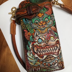 Carteira longa de couro, (porta-moedas e chaveiro grátis) lindamente esculpida, tamanho 9,5 x 19,5 x 3 cm, 10 compartimentos para cartões, 1 bolso com zíper, 3 compartimentos para dinheiro, bem-vindo à Tailândia