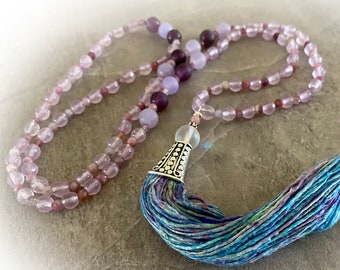 Bohemian Gemstone Tassel Necklace. Purple Jade, and Pink Tourmaline