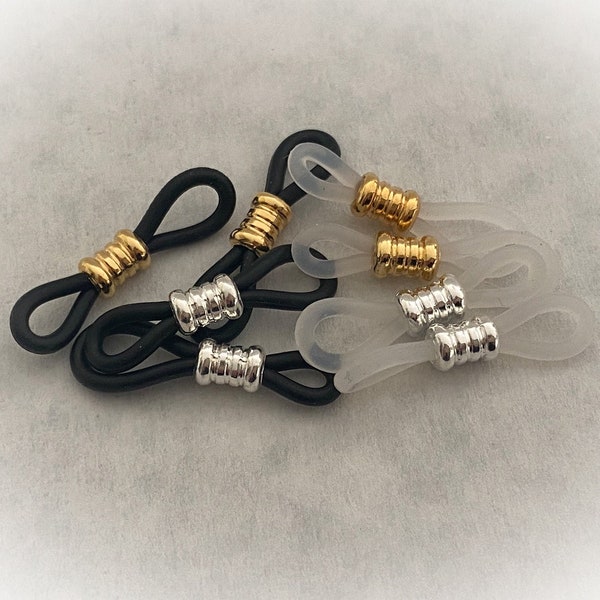 Adjustable Beaded Eyeglass Loops for Eyeglass Leashes. Black or Clear Loops. Silver or Gold Ribbed Tube Beads