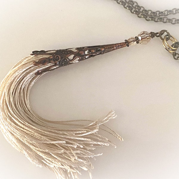 Boho Silk Tassel Necklace. Bronze Chain with Ivory Silk Tassel