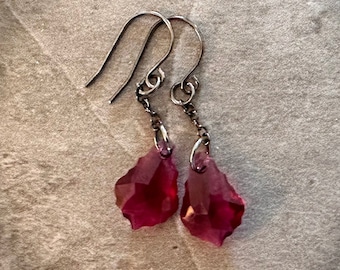 Ruby Red Crystal Teardrop and Gunmetal Earrings. Holiday Jewelry