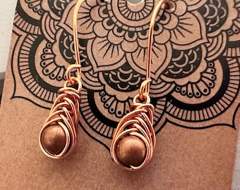 Copper Wire-Wrapped Earrings. Herringbone Weave Boho Style Earrings