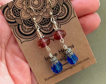 Bohemian Pink and Blue Glass Dangle Earrings. Sterling Silver