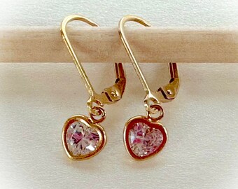 Cubic Zirconia Heart Lever Back Earrings. 14K Gold Filled