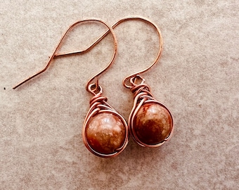 Pink Jasper Wire Wrapped Earrings. Herringbone Weave Earrings. Copper and Rose Gold