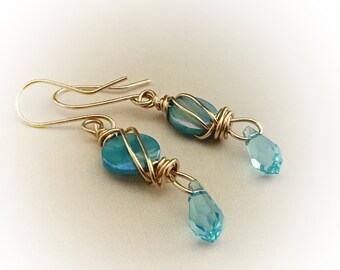 Blue Mother of Pearl and Gold Wire Wrapped Earrings