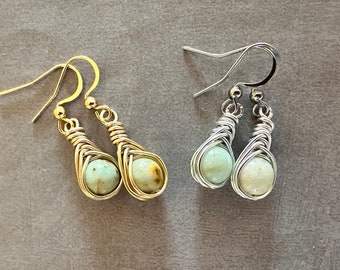 Turquoise Wire Wrapped Earrings. Stainless Steel Ear Wires