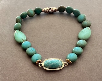 Turquoise and Amazonite Gemstone Bracelet. Stretch Bracelet