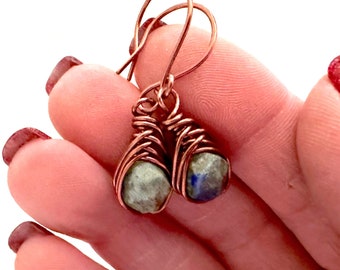 Lapis Lazuli Wire Wrapped Earrings. Herringbone Weave Earrings