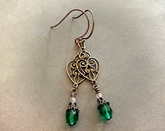 Victorian Long Dangle Earrings. Antiqued Brass Filigree and Emerald Green Glass Drops