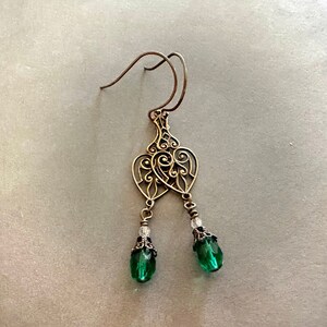 Victorian Long Dangle Earrings. Antiqued Brass Filigree and Emerald Green Glass Drops