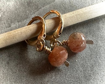 Sunstone and14K Gold Fill Tiny Hoop Earrings. Minimalist Earrings.