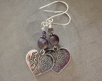 Amethyst Gemstone & Tree of Life Heart Earrings. Sterling Silver Ear Wires