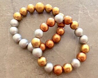 Boho Wooden Bead Bracelet Set.  Metallic Coated Wood Beads.  Set of Two Bracelets