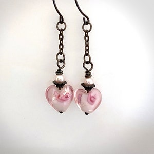 Pink Lamp Work Heart Earrings. Oxidized Sterling Silver Fill Ear Wires image 1