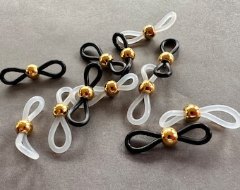 NEW - Contemporary Beaded Eyeglass Loops. Antique Gold Beads, Clear or Black Loops. Sold by the Pair or in Multiples