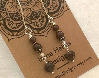 Bohemian Garnet and Silver Dangle Earrings. Heart Earrings. Gemstone Earrings