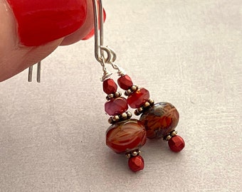 Crimson Red Glass Beaded Earrings. Sterling Silver