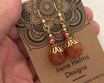 Orange Agate and Gold Earrings. Bohemian Gemstone Earrings