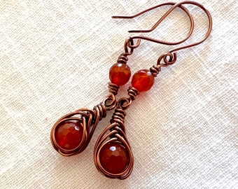 Carnelian and Copper Herringbone Weave Earrings