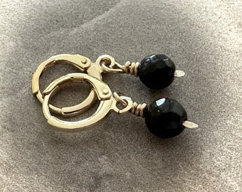 Onyx and 14k GF Huggie Earrings. Petite Minimalist Gemstone Hoop Earrings