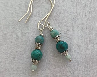 Gemstone Earrings - Sterling Silver, Amazonite, Howlite. Bohemian Jewelry