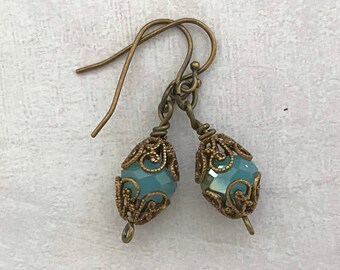 Bohemian Drop Earrings. Green Glass Beads in Bronze Filigree