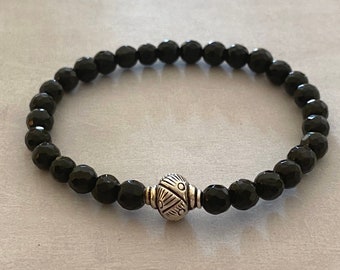 Black Onyx Gemstone Stretch Bracelet with Antique Silver Bead