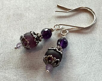 Amethyst and Purple Jade Gemstone Earrings. Sterling Silver