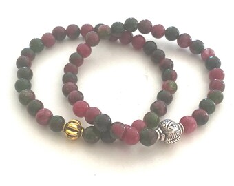 Bohemian Gemstone Stretch Bracelets. Pomegranate with Silver or Gold Focal Bead
