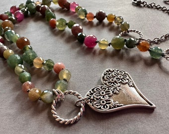 Indian Agate & Red Jade Necklace with Heart Pendant. Bohemian Jewelry