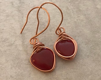 Gemstone Heart Earrings. Ruby Red Jade and Copper. Bohemian Jewelry