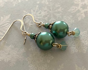 Green Faux Pearl and Crystal Earrings