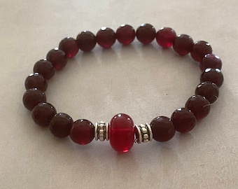 Gemstone Bracelet for Stacking and Layering. Burgundy Ruby Red Agate Stretch Bracelet