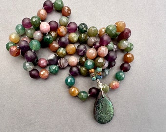 Bohemian Multi-Gemstone Necklace. Hand-Knotted, Jewel Tone Colors, One of a Kind.