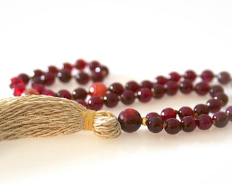 Half Mala - 54 Beads. Burgundy Agate and Tourmaline Gemstones With Gold Tassel. Yoga Beads. Meditation Beads.