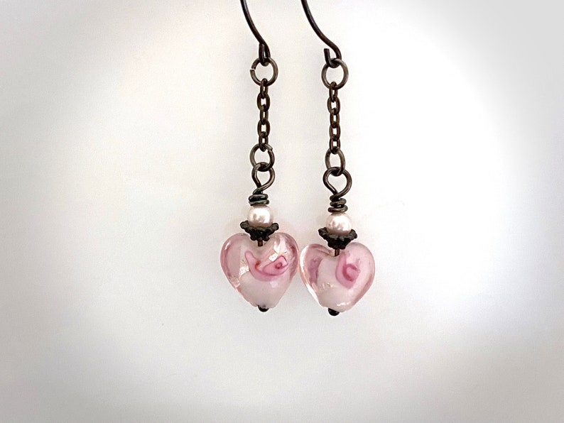 Pink Lamp Work Heart Earrings. Oxidized Sterling Silver Fill Ear Wires image 1