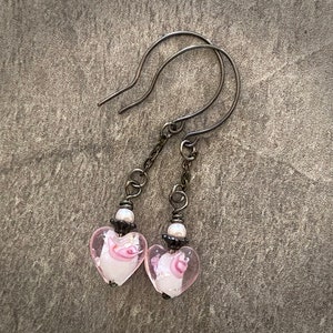 Pink Lamp Work Heart Earrings. Oxidized Sterling Silver Fill Ear Wires image 4