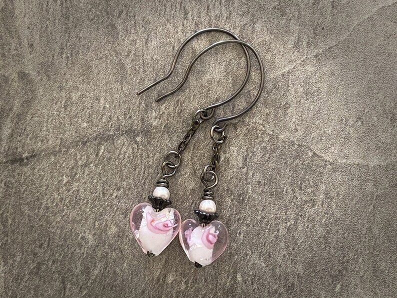 Pink Lamp Work Heart Earrings. Oxidized Sterling Silver Fill Ear Wires image 4